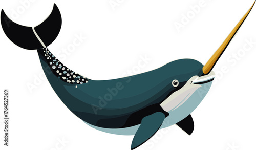 Minimalist Flat Narwhal with Tusk and Spotted Tail Isolated Creature Illustration