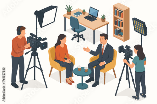 Diverse female interview scene with camera crew and equipment in modern office
