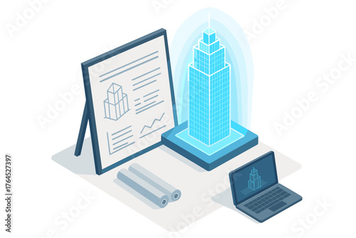 Digital blueprint of skyscraper with plans and laptop in isometric style