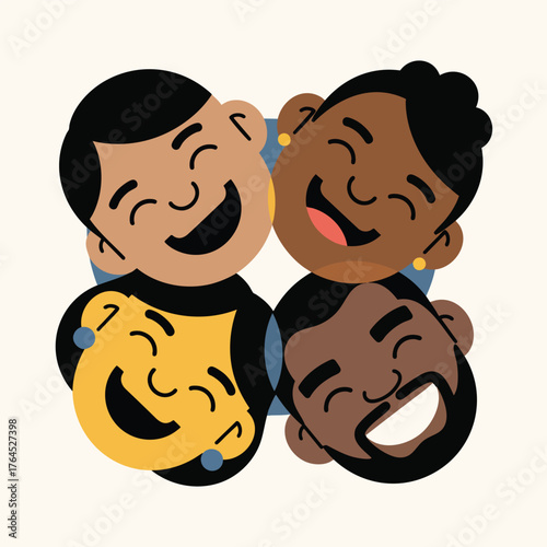 A flat vector illustration of four diverse happy peoples faces smiling and laughing together.