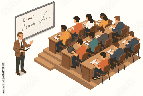 Caucasian male teacher lecturing diverse young adults in classroom setting