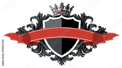 Classic Ornate Heraldic Shield with Crown and Red Ribbon Banner Template. Elegant Vintage Royal Emblem Design Element for Branding.