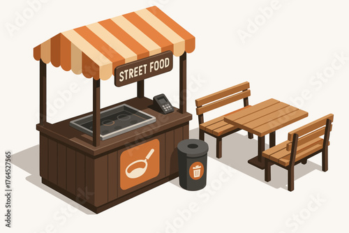 Outdoor street food stall with wooden benches and trash bin