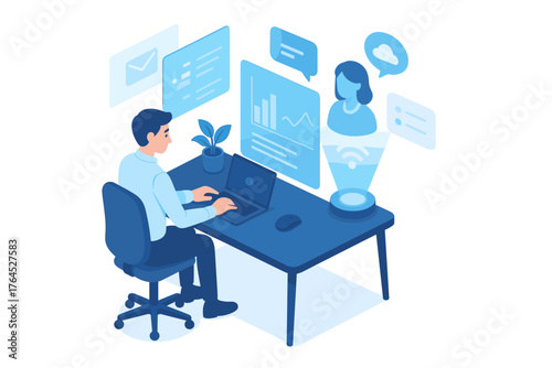 Young caucasian male engaging in virtual meeting with holographic interface at desk