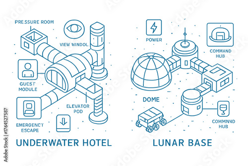 Blueprints of futuristic underwater hotel and lunar base with dome and command hub