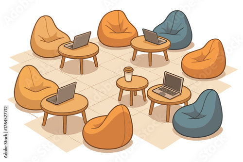 Cozy workspace with bean bag chairs and laptops in casual office setting