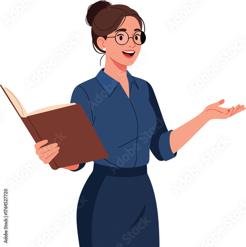 A friendly female teacher with glasses and a bun hairstyle holding a book and explaining a concept.