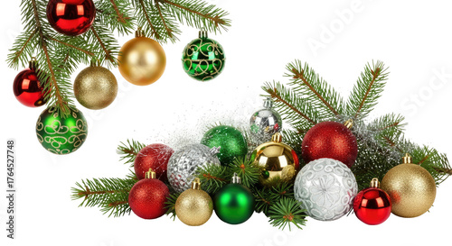 Assorted colorful baubles and evergreen branches with faux snow on black