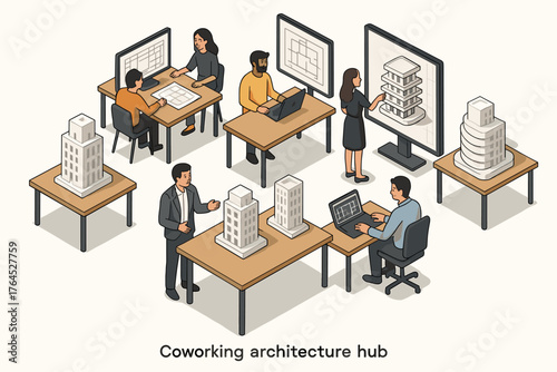 Diverse team collaborating in architectural coworking space with scale models and designs