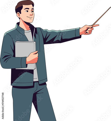 A friendly male teacher or instructor in a green tracksuit holding a book and pointing with a stick.