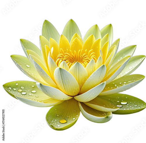 A vibrant yellow lotus with water droplets, isolated on black