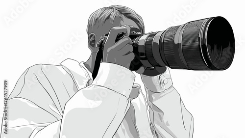 Grayscale illustration of a person with a professional camera and a telephoto lens, focused on taking a picture, black and white graphic.