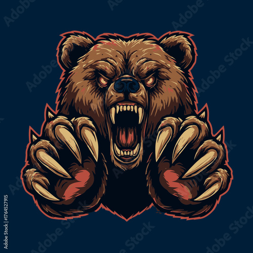 Powerful roaring bear mascot illustration with fierce expression, sharp teeth, and extended claws on dark background