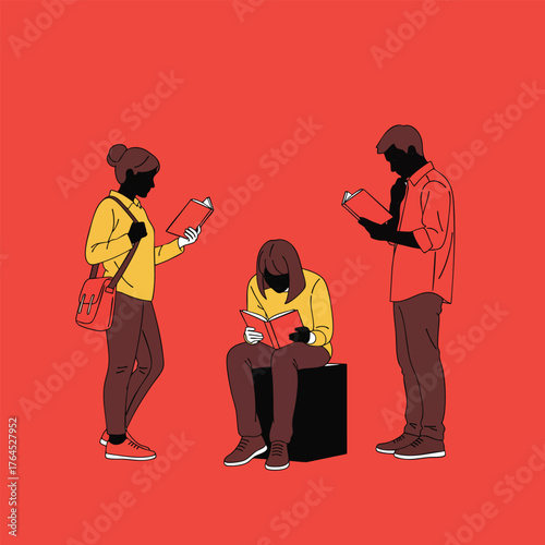 A minimalist illustration of three diverse young students standing and sitting while reading books.
