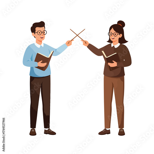 A male and female teacher character illustration holding books and crossed pointer sticks.