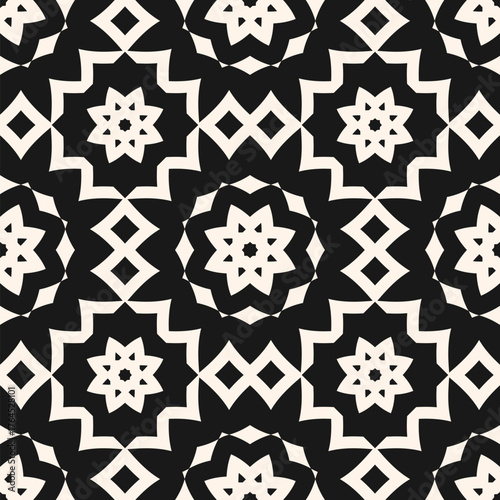 Vector seamless pattern with ethnic floral geometric, traditional ornament. Asian arabesque texture with monochrome star tiles. Black and white background. Repeated design for fabric, decor, print