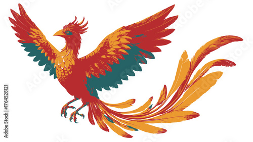 Majestic mythical phoenix bird illustration with vibrant fiery red and orange feathers in flight, fantasy creature art.