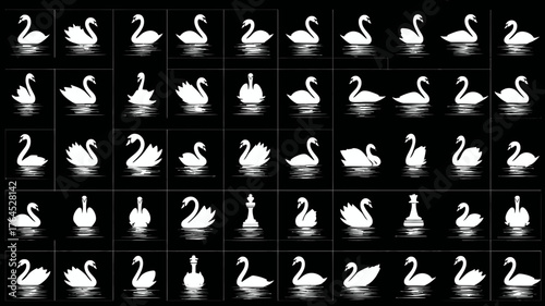 Elegant white swan silhouettes on a black background, showcasing graceful birds in various poses, with reflections and unique chess pieces.