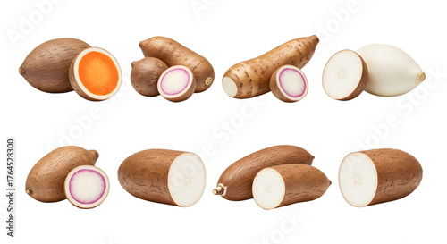 Fresh whole and sliced African yam tubers isolated on white background, healthy starchy root vegetables ideal for cooking and traditional dishes