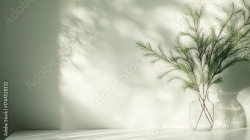 Minimalist still life of a single pine branch in a glass vase. Soft light and shadows create calm and serene mood.