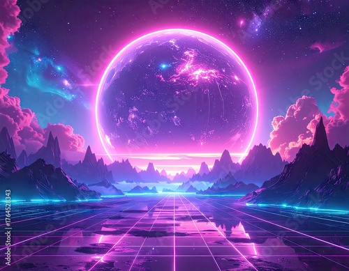 Captivating scenery depicts a futuristic landscape dominated by a vibrant purple glowing sphere in the sky above jagged mountains, reflecting in a grid-like surface, invoking a dreamy, retro...
