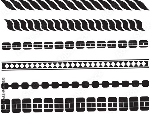 Set of nautical ropes shapes silhouette .Set of black isolated silhouette of chains on black   background. Vector rope chain border set black and white design element