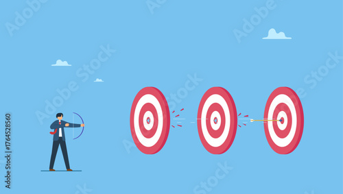 Smart businessman archery hit multiple bullseye with single arrow. Completed multiple tasks with single action, business advantage or efficiency to success and achieve many targets with small effort.