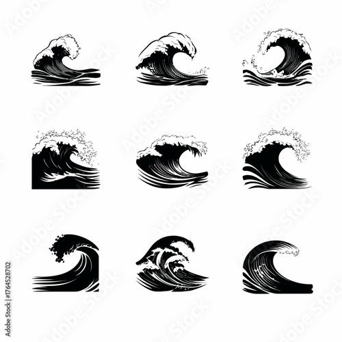 Diverse set of crashing ocean waves illustrations. Black and white graphic art depicting powerful sea water splashes and surf movement.