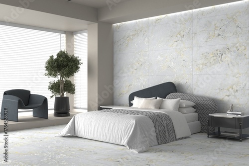 Canvastavla Luxury suite bedroom of a suit with mat marble wall cladding and gold accent lighting, queen sized bed and arm chair aside