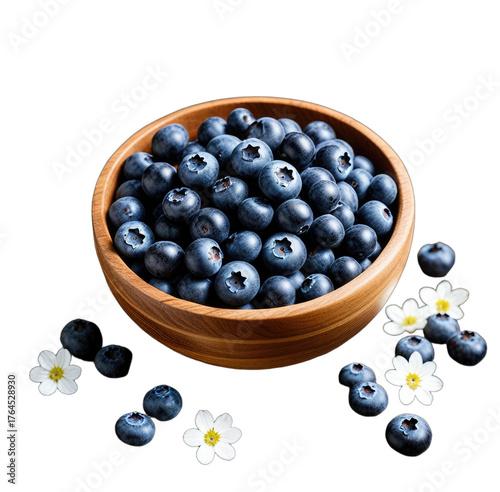 A wooden bowl overflowing with fresh blueberries, with flowers scattered
