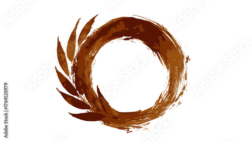 Abstract earthy brown brush stroke circle frame with organic leaf elements. Hand-drawn rustic watercolor ring, natural design.