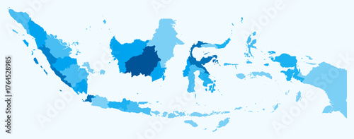 Map of Indonesia with regions. Just a simple country border map with region division. Light blue color palette. Blank Indonesia shape with administrative division. Vector illustration.