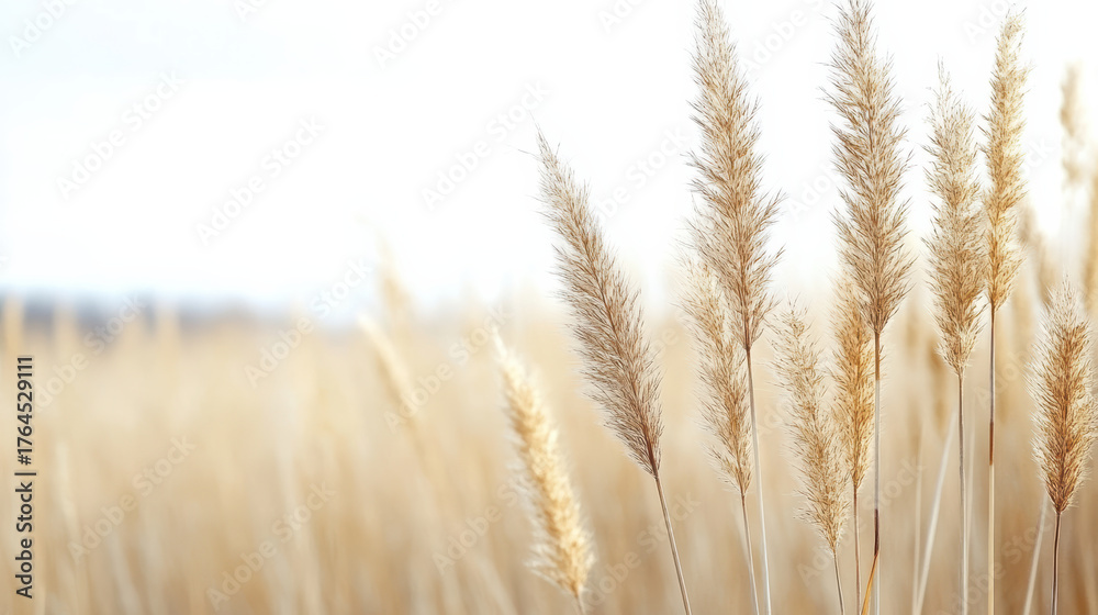 Fototapeta premium Golden grass sways gently in soft wind, creating serene natural landscape
