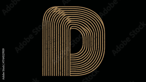 Abstract golden letter D formed by parallel lines on a black background. Modern, elegant graphic design element, typography, alphabet art.