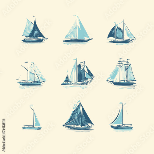 Vintage hand-drawn sailboat illustrations collection. Artistic blue watercolor-style sailing vessels, nautical marine sketches for sea travel.