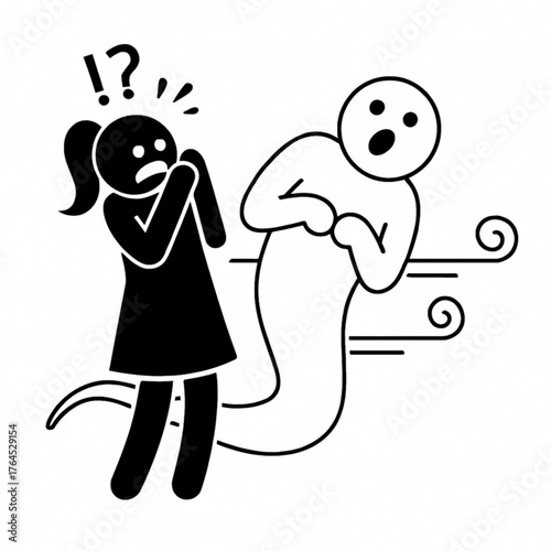 Scared stick figure woman confronting a spooky ghost with wind swirls, conveying fear and surprise in a minimalist, supernatural encounter