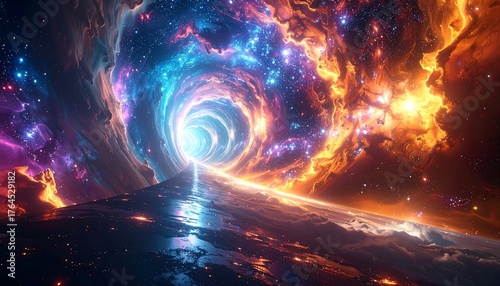 A cosmic tunnel of swirling nebulae leads to a bright center over a horizon studded with lights