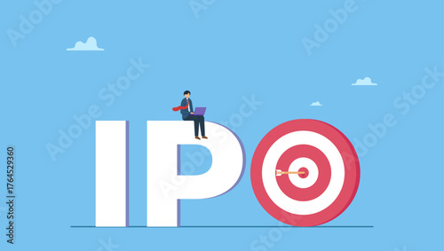 Businessman trader trading stock on alphabets IPO with bullseye target. IPO, initial public offering, company go public in stock market, investment opportunity or make profit from new stock.