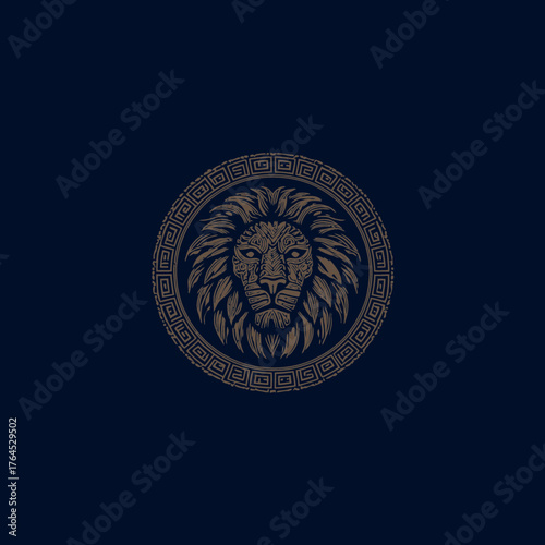 Majestic and powerful lion head illustration with an ornate circular frame on a dark blue background. Regal animal emblem design.