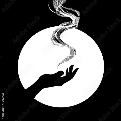 Ethereal Smoke Rising from Mystical Hand Silhouette Against White Circle Background in Black and White Abstract Illustration