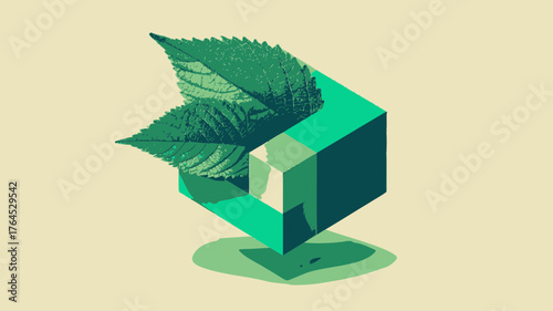 Green leaves sprout from a modern geometric cube, illustrating sustainable growth, eco-friendly design, and nature conservation.