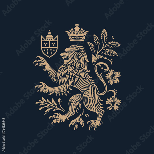 Vintage heraldic lion crest with crown and floral ornament. Ornate gold design on dark background, elegant emblem, luxury symbol.