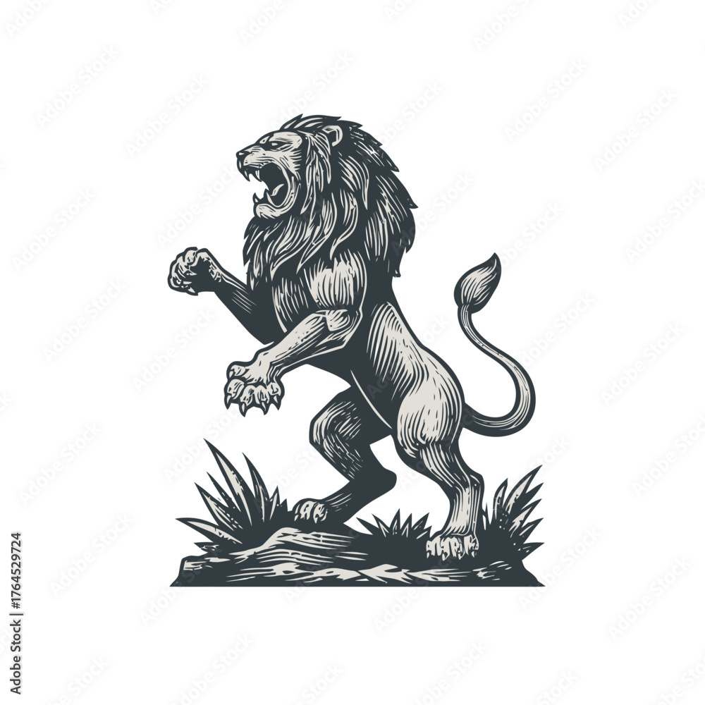Obraz premium Majestic roaring lion standing upright, detailed vintage illustration in heraldic style, powerful and courageous animal art.