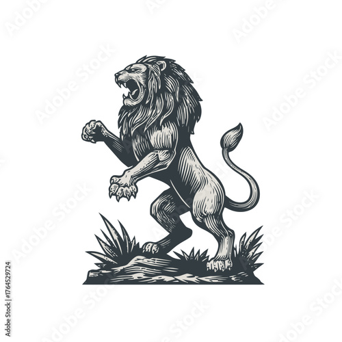 Majestic roaring lion standing upright, detailed vintage illustration in heraldic style, powerful and courageous animal art.