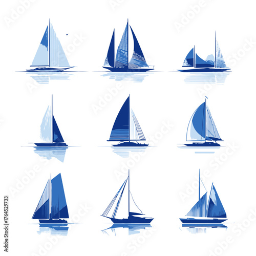 Collection of Blue Watercolor Sailboat Illustrations. Minimalist Nautical Design Elements for Marine and Coastal Themes.