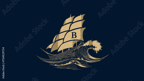 Stylized vintage sailing ship on wavy ocean, classic tall ship illustration, nautical emblem on dark blue background