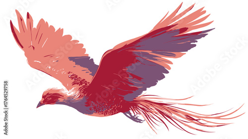 Stylized long-tailed bird in flight illustration with vibrant red and purple colors. Dynamic avian art isolated on white background.