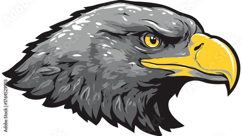 Powerful grey eagle head illustration with a sharp yellow beak and intense eye. Majestic bird of prey graphic vector art.