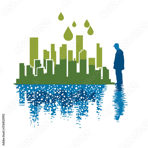 Green city skyline silhouette with rain falling into reflective water, showing a person contemplating urban environment and sustainability.