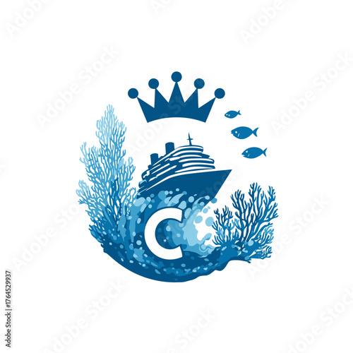 Blue oceanic emblem with royal crown, large passenger vessel, coral reef, fish, and initial C. Nautical luxury travel concept.